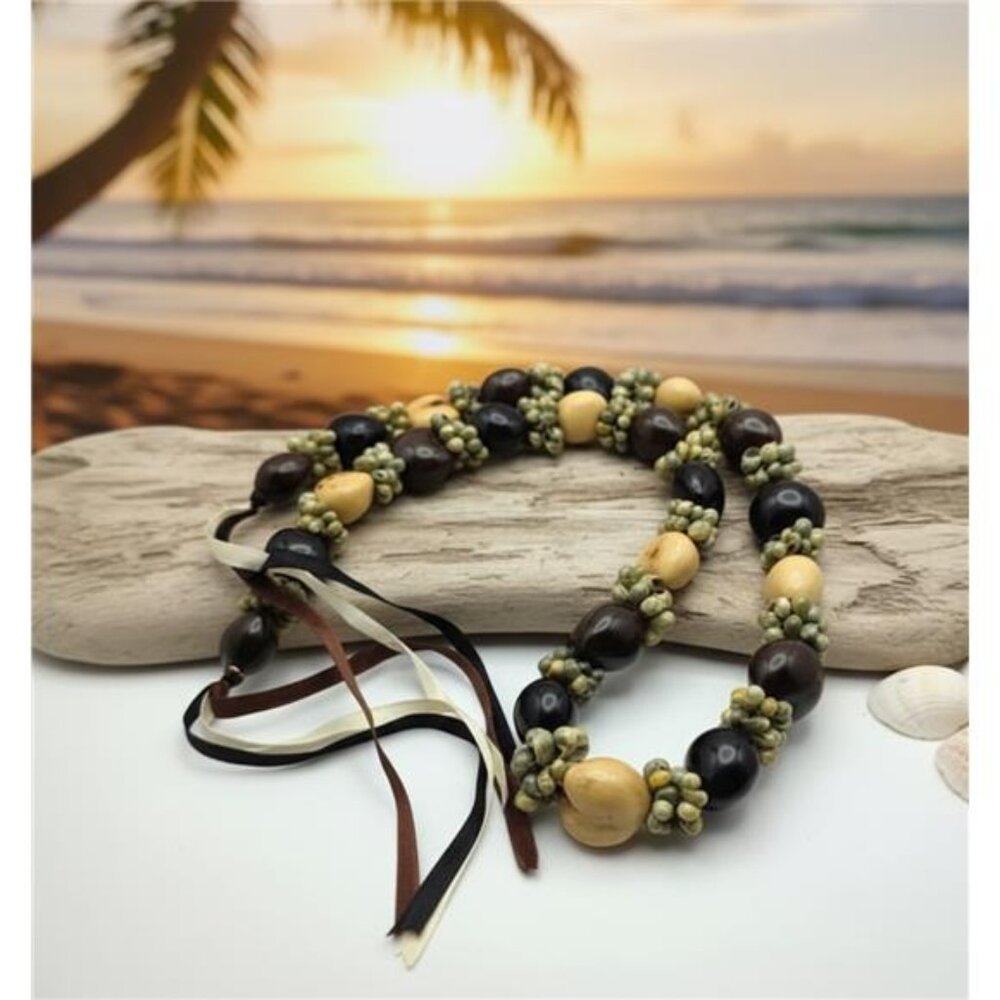 Vintage Kukui Nut Lei Necklace Shell Cluster Hawaiian Tropical 44 In Ribbon Tie